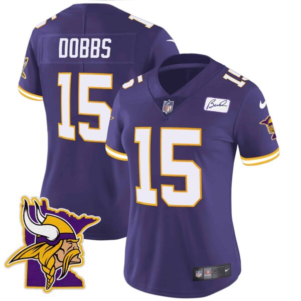 Women’s Vikings Bud Grant Patch Classic Limited Jersey V5 – All Stitched – Purple – Joshua Dobbs