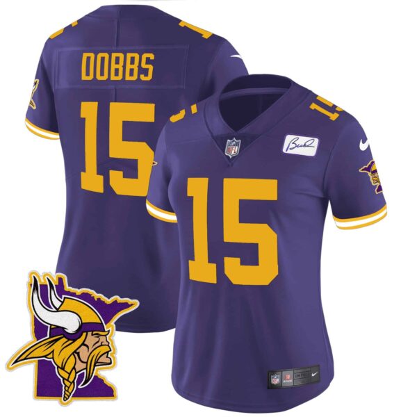 Women’s Vikings Bud Grant Patch Classic Limited Jersey V5 – All Stitched – Color Rush – Joshua Dobbs