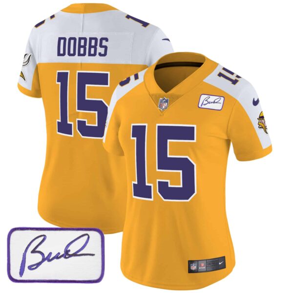 Women’s Vikings Bud Grant Patch Classic Limited Jersey V3 – All Stitched – Gold Alternate – Joshua Dobbs