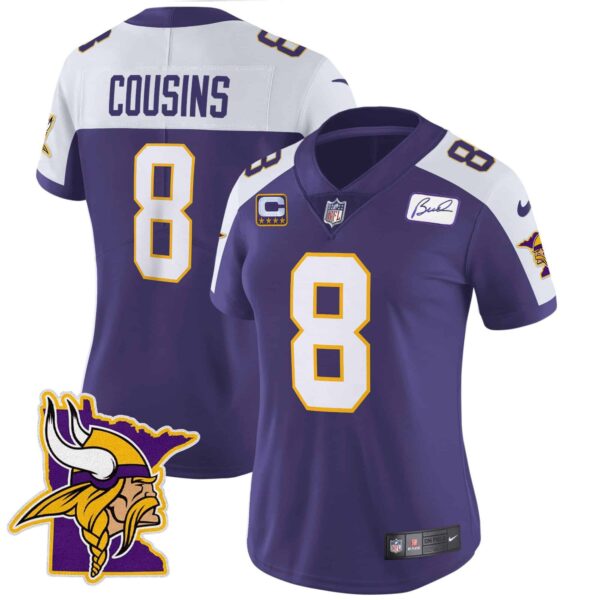 Women’s Vikings Bud Grant Patch Classic Limited Jersey V5 – All Stitched – Purple Alternate – Kirk Cousins