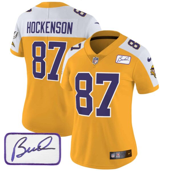Women’s Vikings Bud Grant Patch Classic Limited Jersey V3 – All Stitched – Gold Alternate – T.J. Hockenson