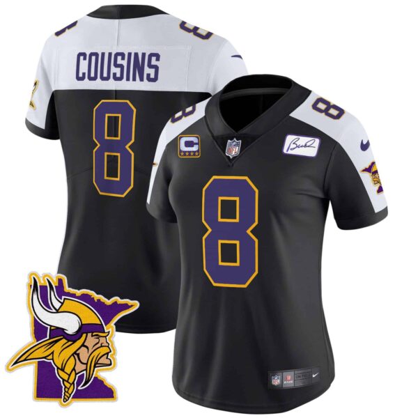 Women’s Vikings Bud Grant Patch Classic Limited Jersey V5 – All Stitched – Black Alternate – Kirk Cousins