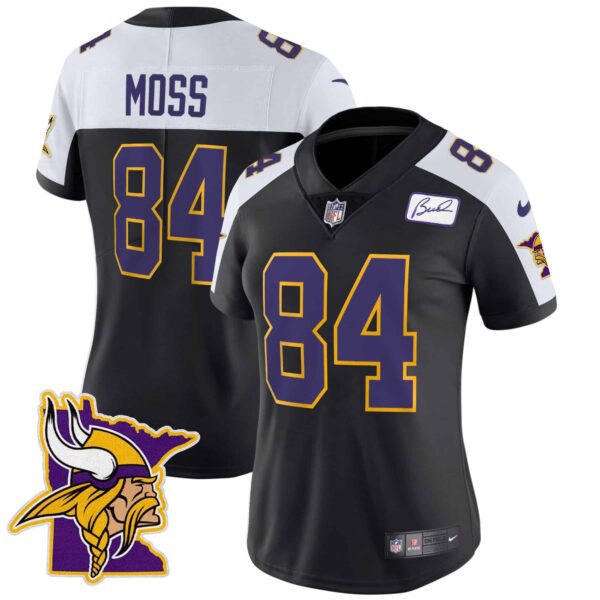 Women’s Vikings Bud Grant Patch Classic Limited Jersey V5 – All Stitched – Black Alternate – Randy Moss