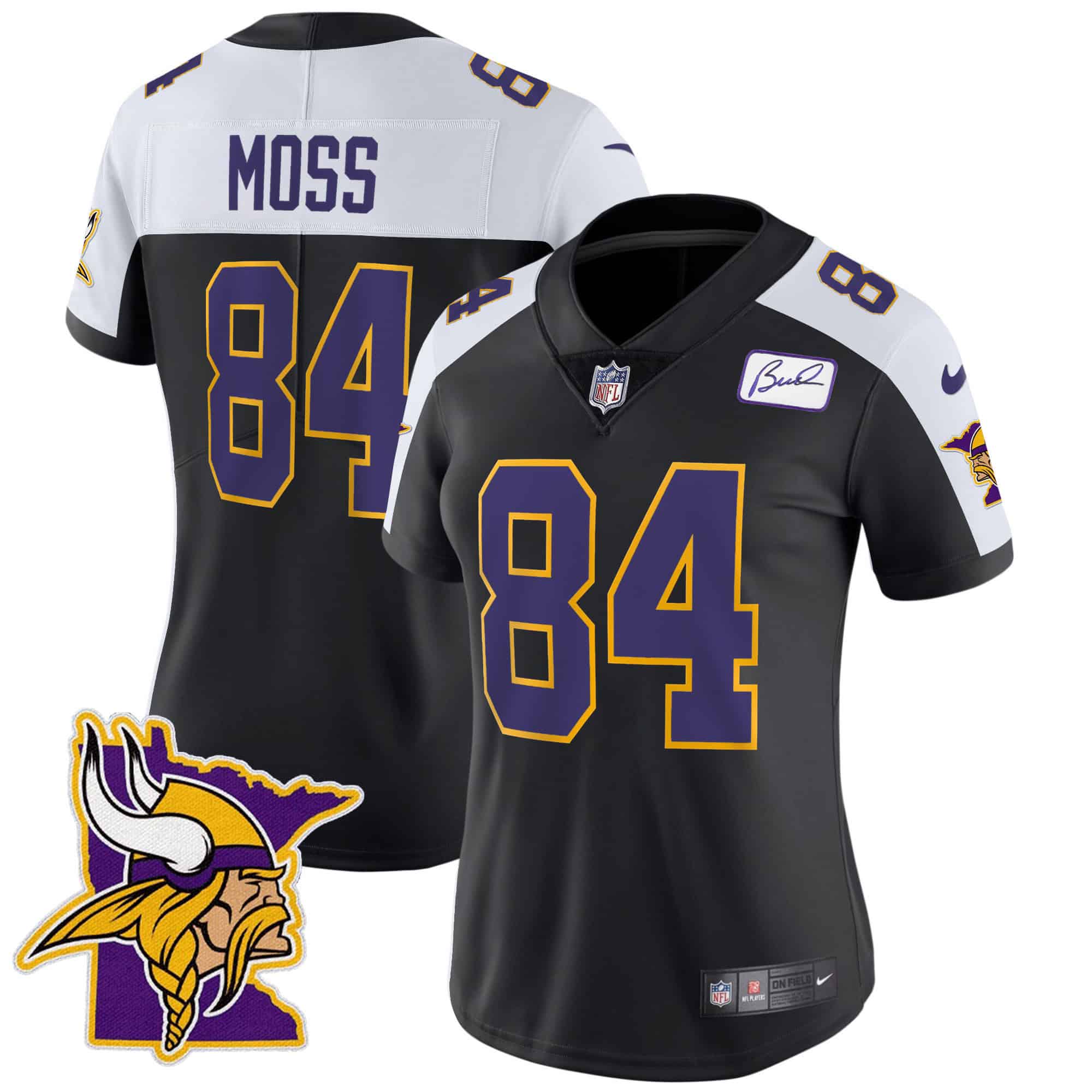 Women’s Vikings Bud Grant Patch Classic Limited Jersey V5 – All Stitched – Black Alternate – Randy Moss