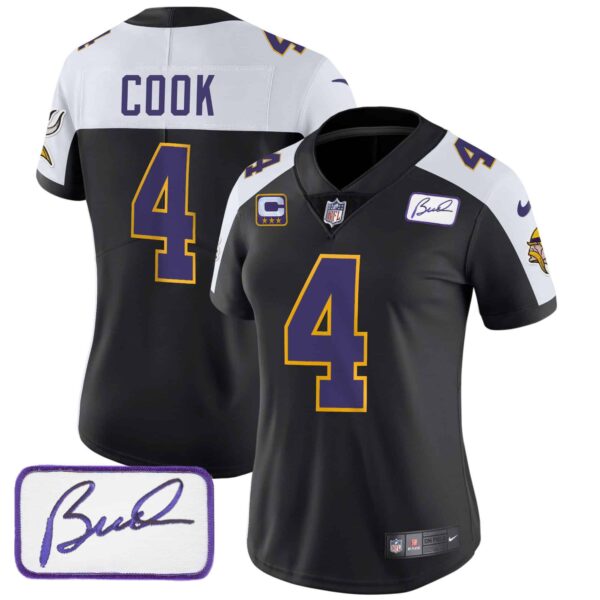 Women’s Vikings Bud Grant Patch Classic Limited Jersey V3 – All Stitched – Black Alternate – Dalvin Cook