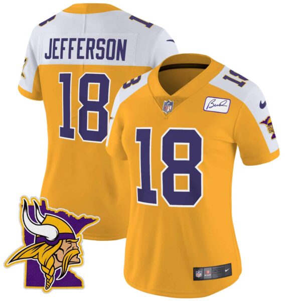 Women’s Vikings Bud Grant Patch Classic Limited Jersey V5 – All Stitched – Gold Alternate – Justin Jefferson
