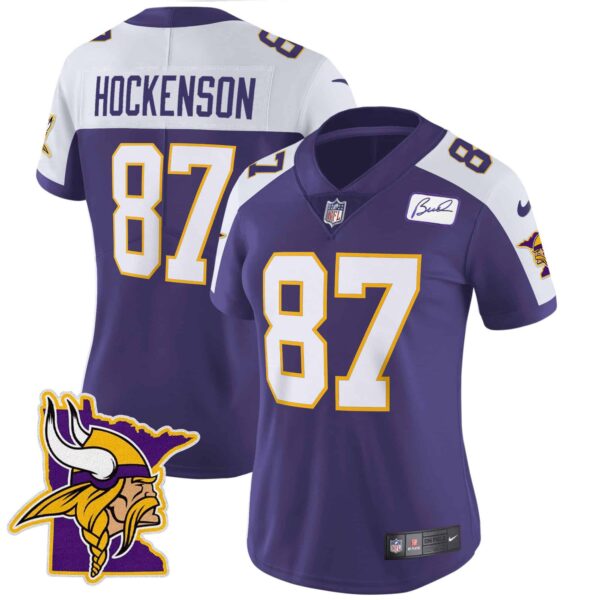 Women’s Vikings Bud Grant Patch Classic Limited Jersey V5 – All Stitched – Purple Alternate – T.J. Hockenson