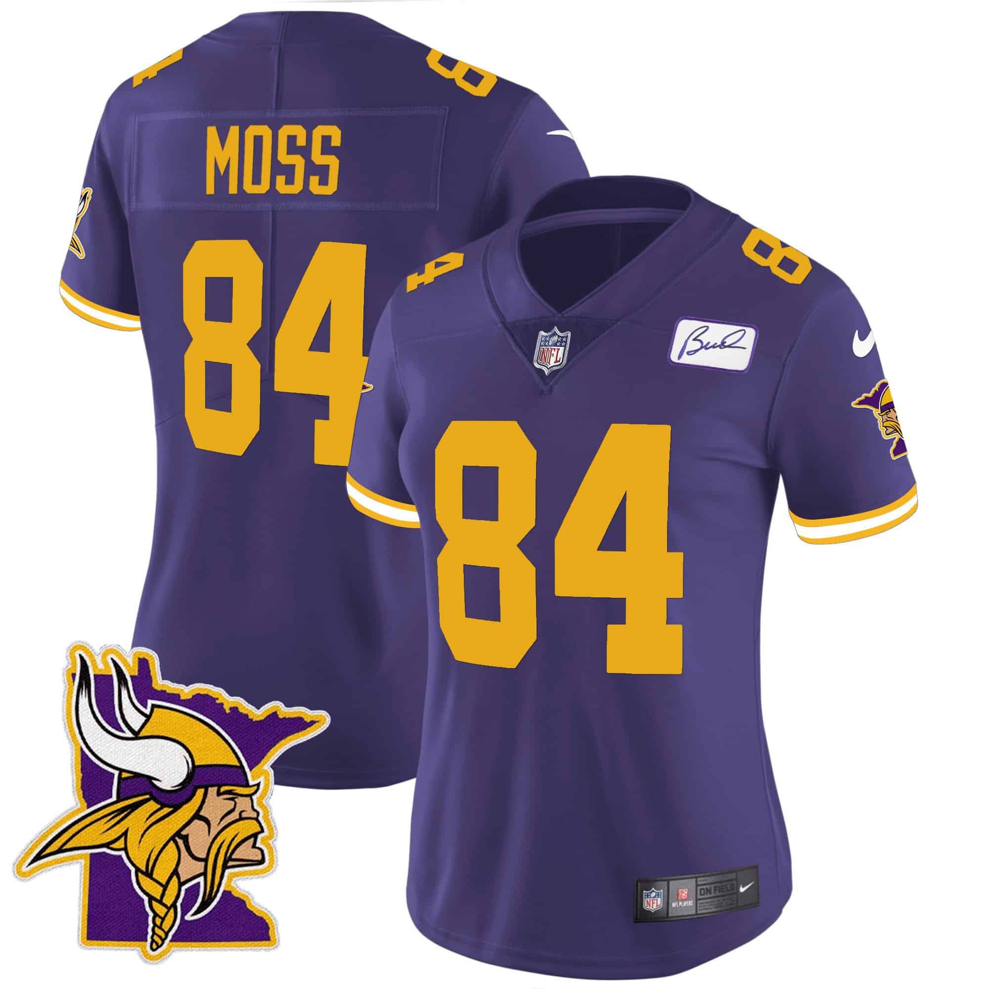 Women’s Vikings Bud Grant Patch Classic Limited Jersey V5 – All Stitched – Color Rush – Randy Moss