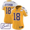 Women’s Vikings Bud Grant Patch Classic Limited Jersey V3 – All Stitched – Gold Alternate – Justin Jefferson