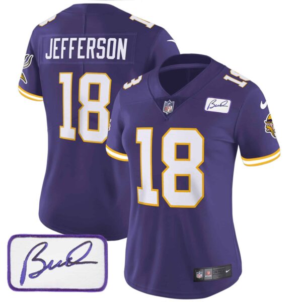 Women’s Vikings Bud Grant Patch Classic Limited Jersey V3 – All Stitched – Purple – Justin Jefferson