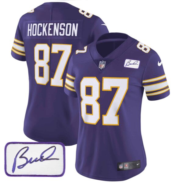 Women’s Vikings Bud Grant Patch Classic Limited Jersey – All Stitched – Purple – T.J. Hockenson
