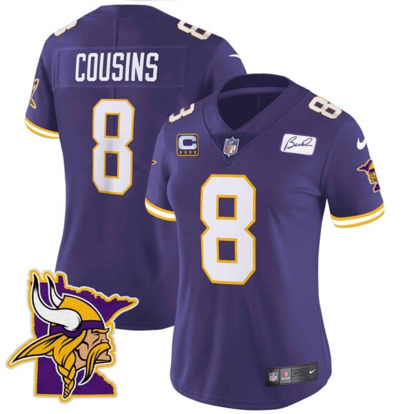 Women’s Vikings Bud Grant Patch Classic Limited Jersey V5 – All Stitched – Purple – Kirk Cousins