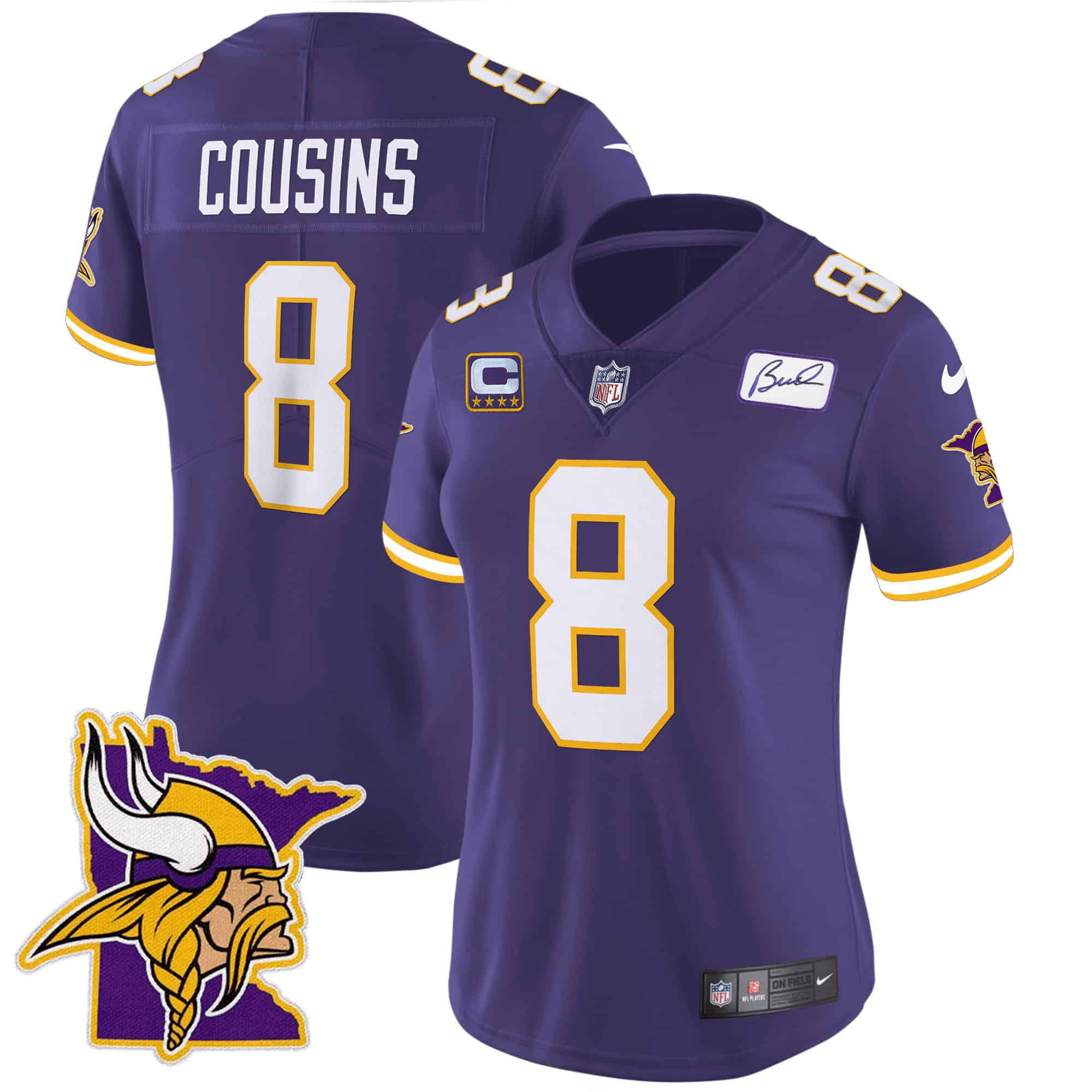 Women’s Vikings Bud Grant Patch Classic Limited Jersey V5 – All Stitched – Purple – Kirk Cousins