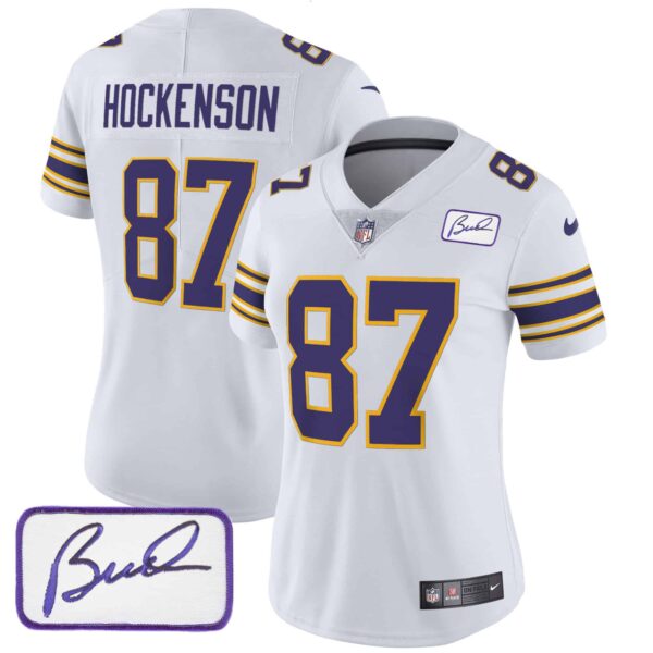 Women’s Vikings Bud Grant Patch Classic Limited Jersey – All Stitched – White – T.J. Hockenson