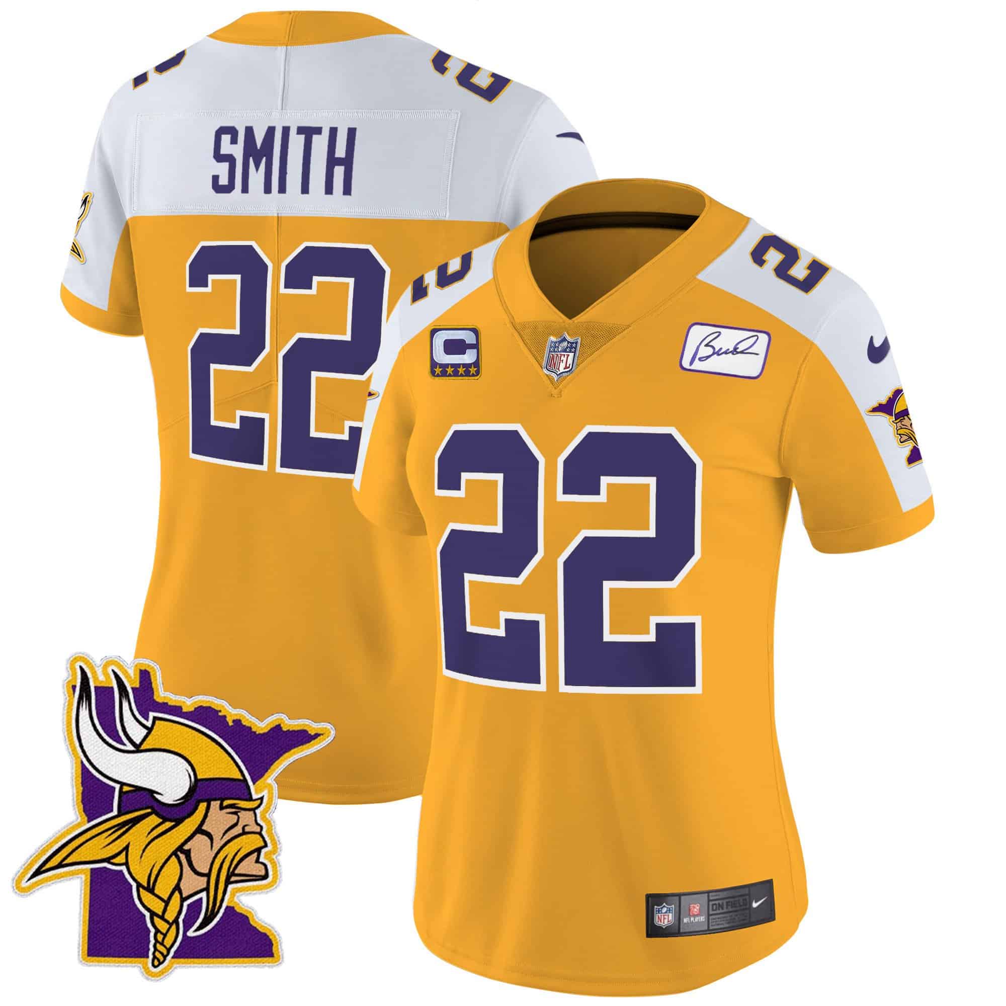 Women’s Vikings Bud Grant Patch Classic Limited Jersey V5 – All Stitched – Gold Alternate – Harrison Smith