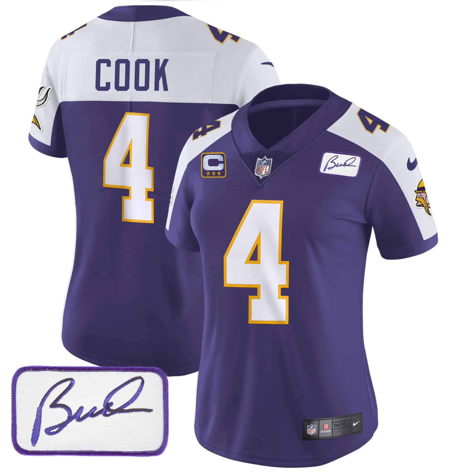 Women’s Vikings Bud Grant Patch Classic Limited Jersey V3 – All Stitched – Purple Alternate – Dalvin Cook