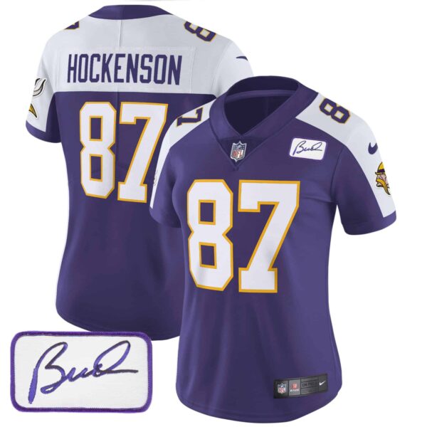 Women’s Vikings Bud Grant Patch Classic Limited Jersey V3 – All Stitched – Purple Alternate – T.J. Hockenson