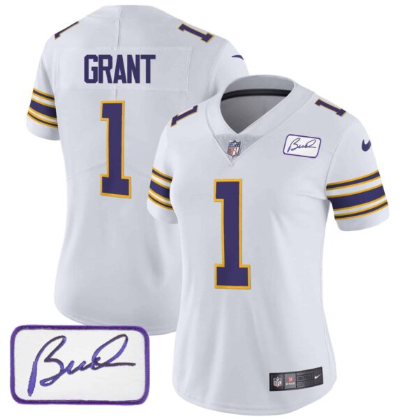 Women’s Vikings Bud Grant Patch Classic Limited Jersey – All Stitched – White – Bud Grant
