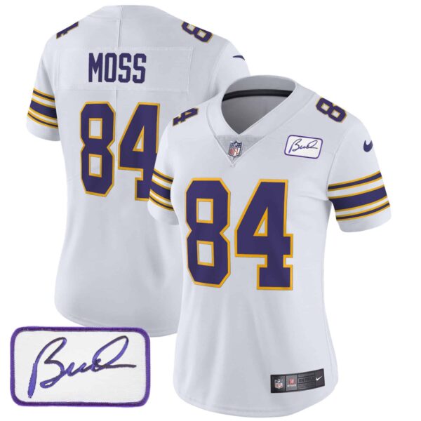 Women’s Vikings Bud Grant Patch Classic Limited Jersey – All Stitched – White – Randy Moss