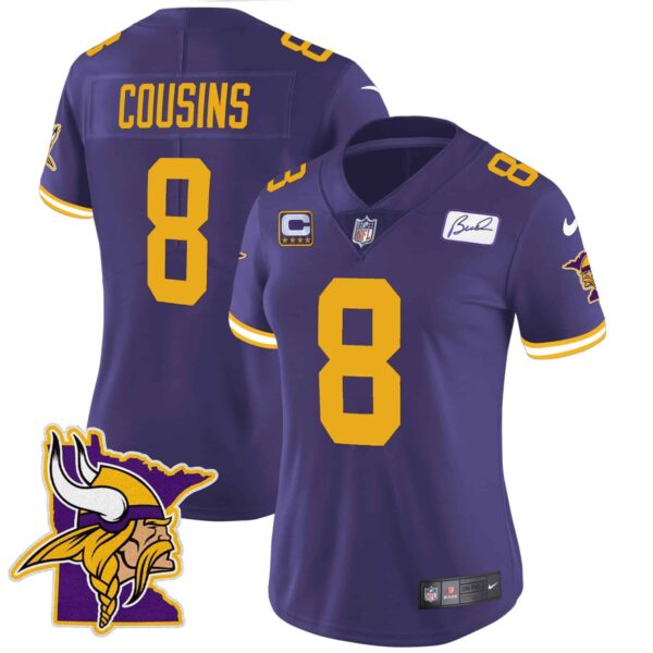 Women’s Vikings Bud Grant Patch Classic Limited Jersey V5 – All Stitched – Color Rush – Kirk Cousins