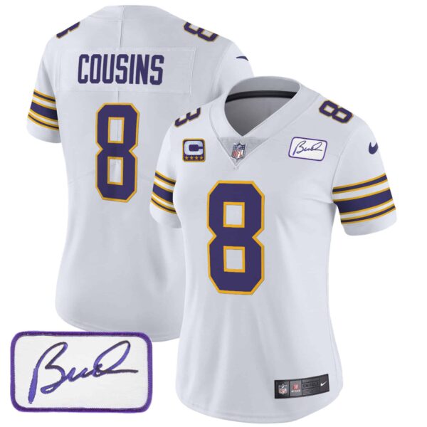Women’s Vikings Bud Grant Patch Classic Limited Jersey – All Stitched – White – Kirk Cousins
