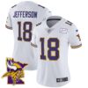 Women’s Vikings Bud Grant Patch Classic Limited Jersey V5 – All Stitched – White – Justin Jefferson