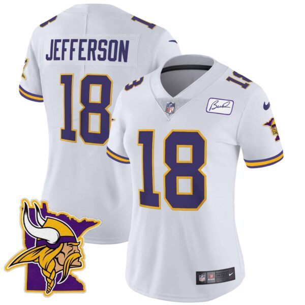 Women’s Vikings Bud Grant Patch Classic Limited Jersey V5 – All Stitched – White – Justin Jefferson
