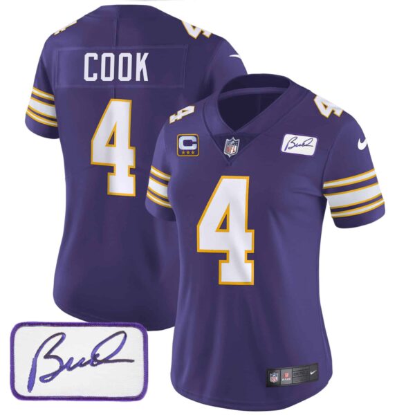 Women’s Vikings Bud Grant Patch Classic Limited Jersey – All Stitched – Purple – Dalvin Cook