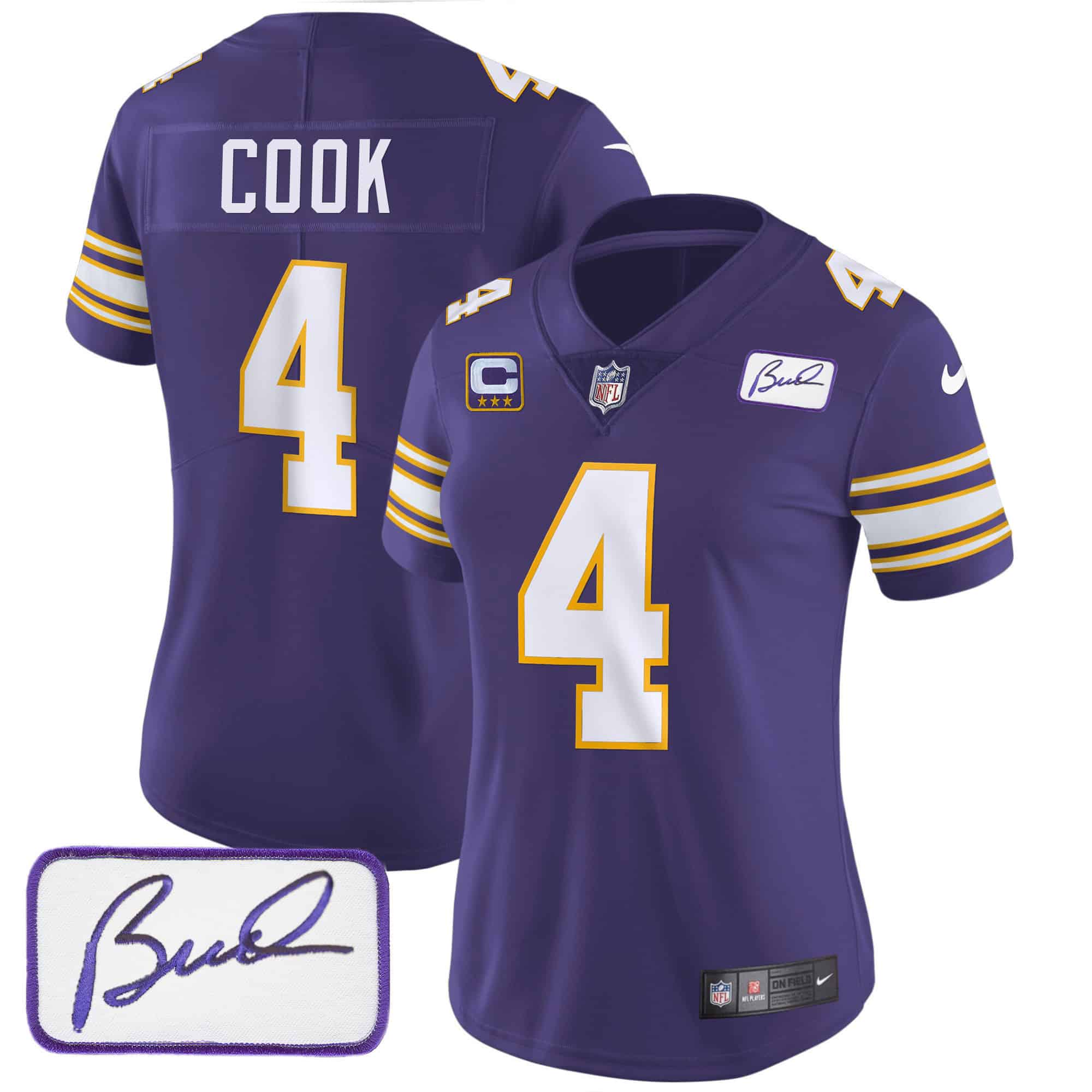 Women’s Vikings Bud Grant Patch Classic Limited Jersey – All Stitched – Purple – Dalvin Cook