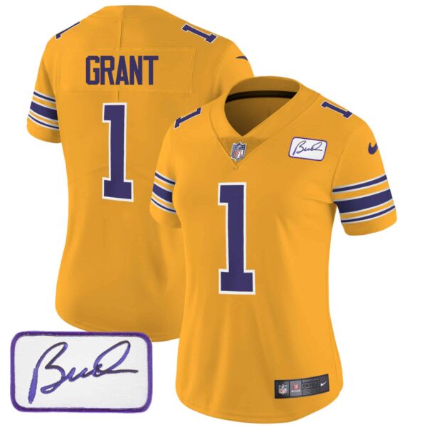 Women’s Vikings Bud Grant Patch Classic Limited Jersey – All Stitched – Gold – Bud Grant
