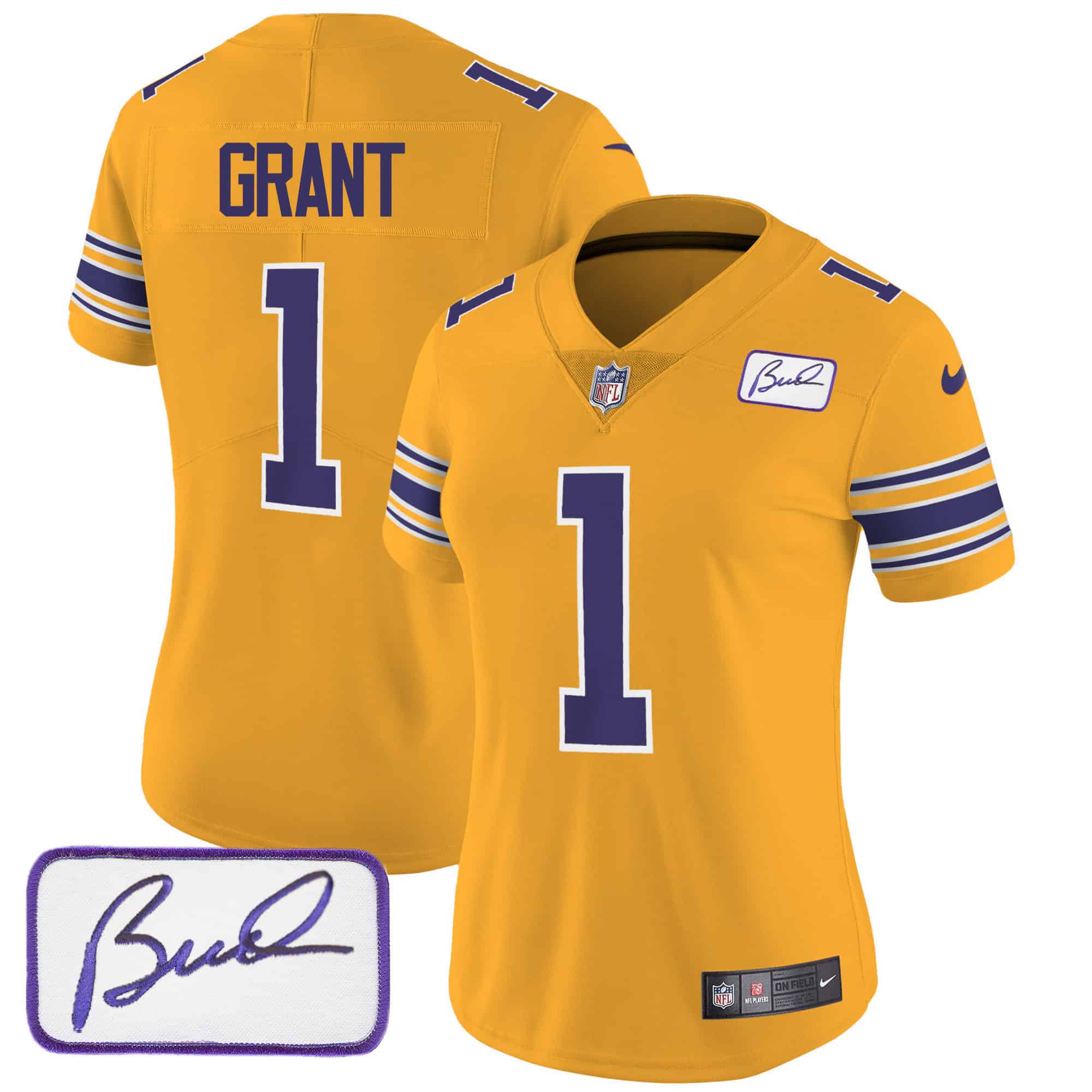 Women’s Vikings Bud Grant Patch Classic Limited Jersey – All Stitched – Gold – Bud Grant