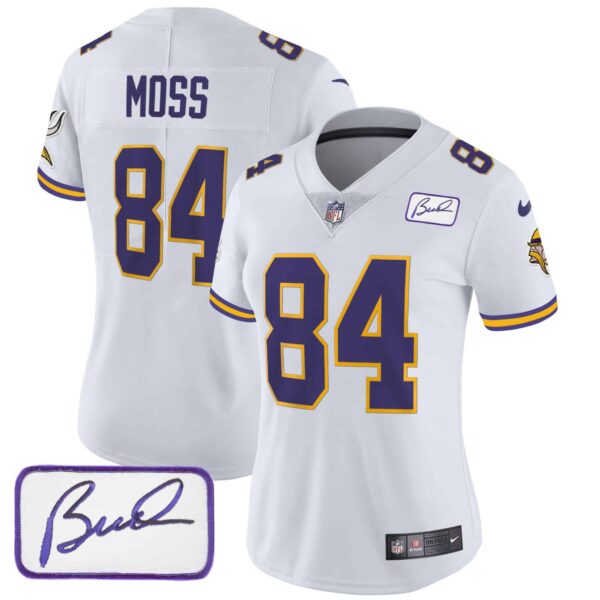 Women’s Vikings Bud Grant Patch Classic Limited Jersey V3 – All Stitched – White – Randy Moss