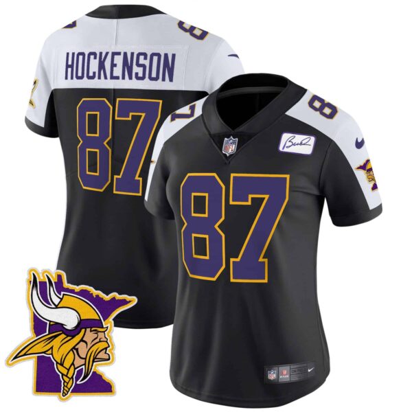 Women’s Vikings Bud Grant Patch Classic Limited Jersey V5 – All Stitched – Black Alternate – T.J. Hockenson