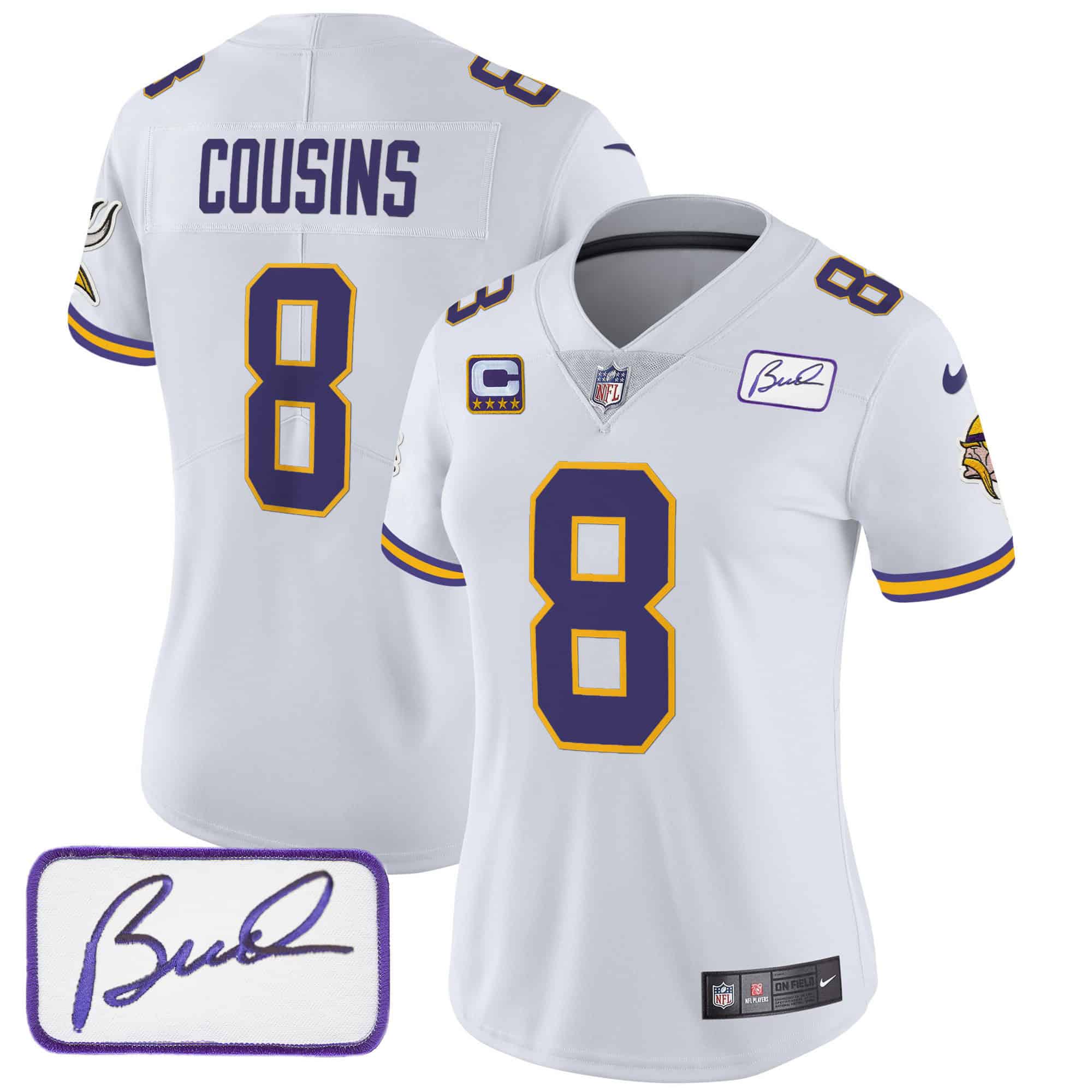 Women’s Vikings Bud Grant Patch Classic Limited Jersey V3 – All Stitched – White – Kirk Cousins