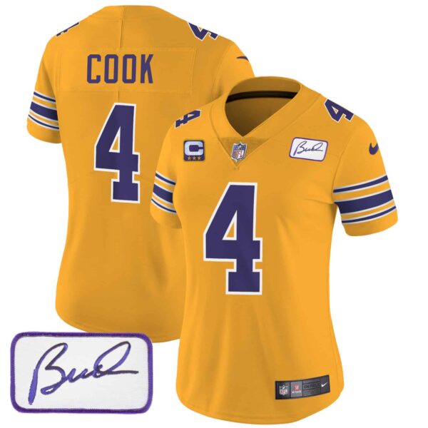 Women’s Vikings Bud Grant Patch Classic Limited Jersey – All Stitched – Gold – Dalvin Cook
