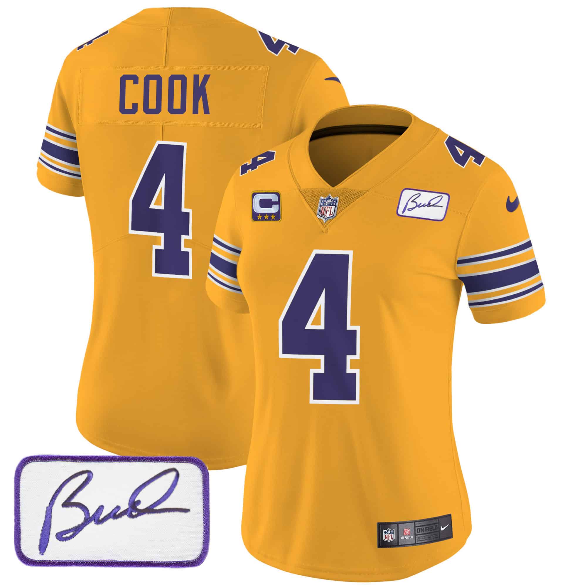 Women’s Vikings Bud Grant Patch Classic Limited Jersey – All Stitched – Gold – Dalvin Cook