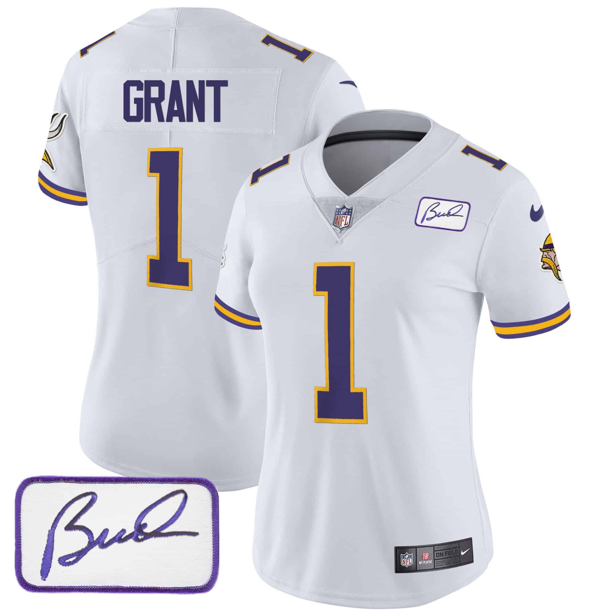 Women’s Vikings Bud Grant Patch Classic Limited Jersey V3 – All Stitched – White – Bud Grant