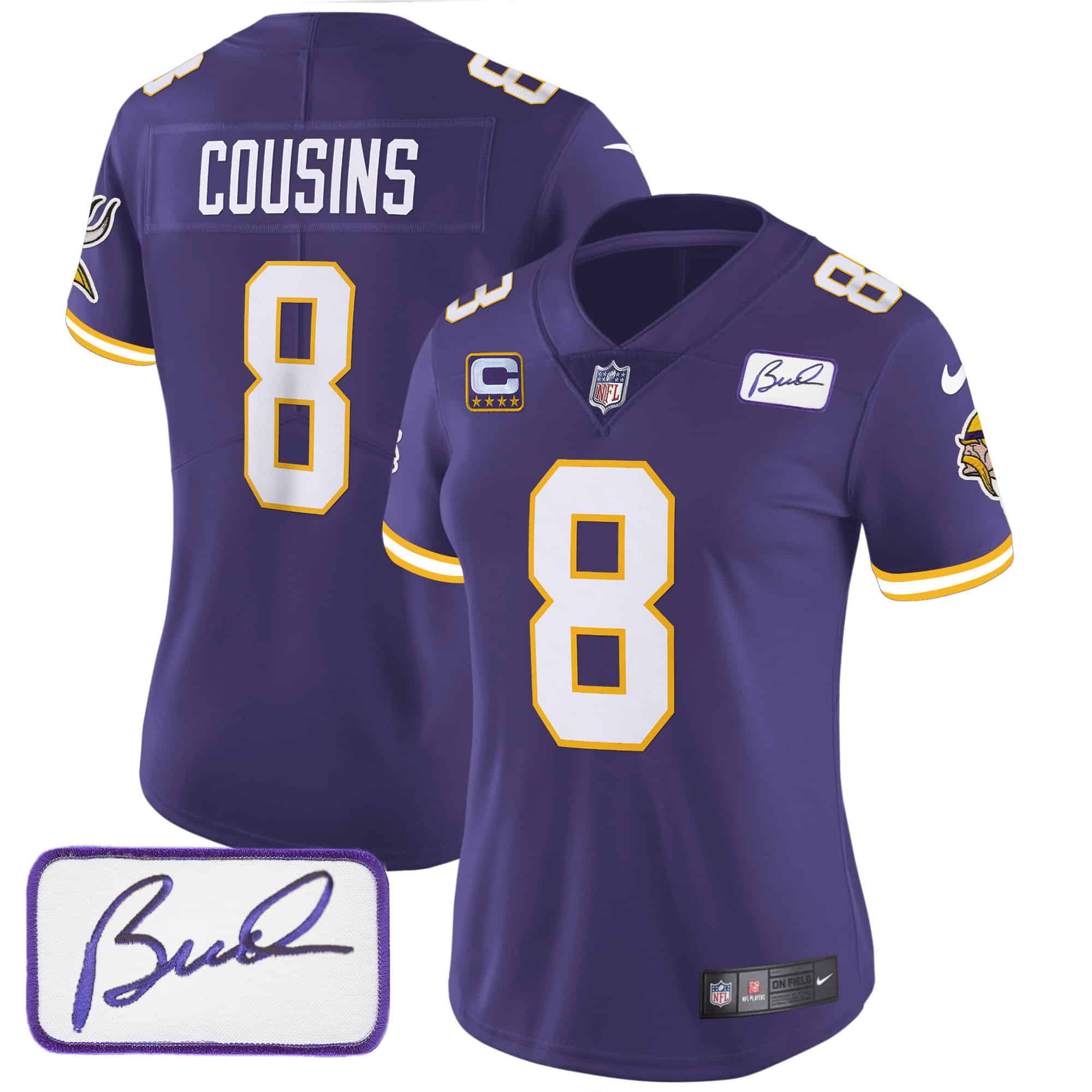 Women’s Vikings Bud Grant Patch Classic Limited Jersey V3 – All Stitched – Purple – Kirk Cousins