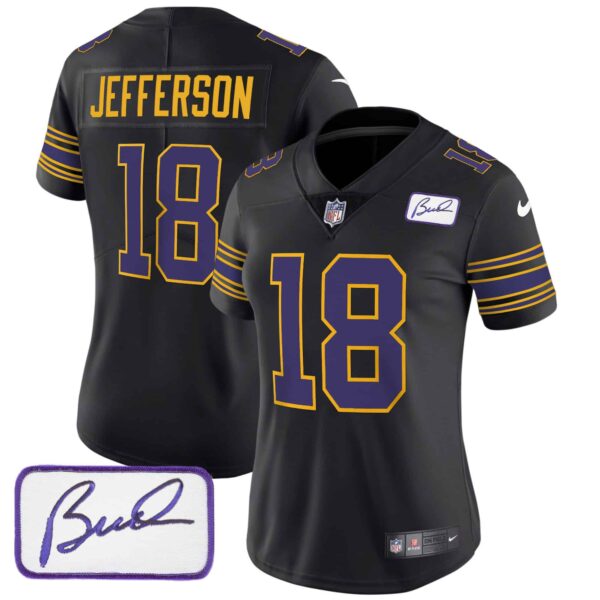 Women’s Vikings Bud Grant Patch Classic Limited Jersey – All Stitched – Black – Justin Jefferson