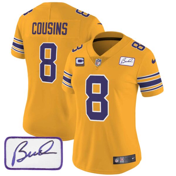 Women’s Vikings Bud Grant Patch Classic Limited Jersey – All Stitched – Gold – Kirk Cousins