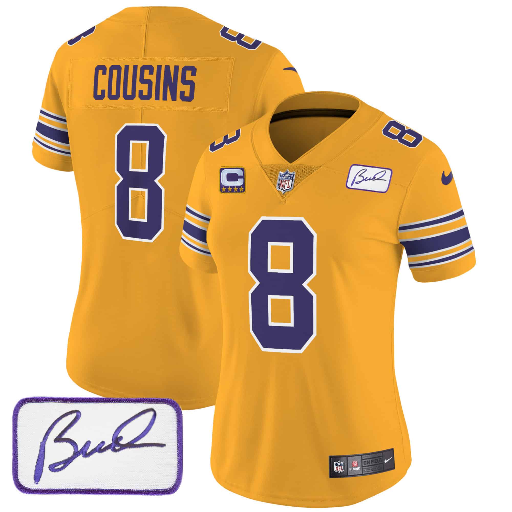 Women’s Vikings Bud Grant Patch Classic Limited Jersey – All Stitched – Gold – Kirk Cousins