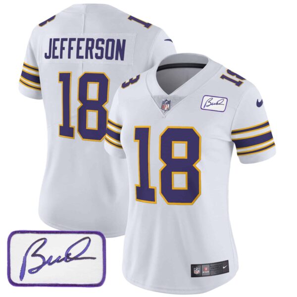 Women’s Vikings Bud Grant Patch Classic Limited Jersey – All Stitched – White – Justin Jefferson