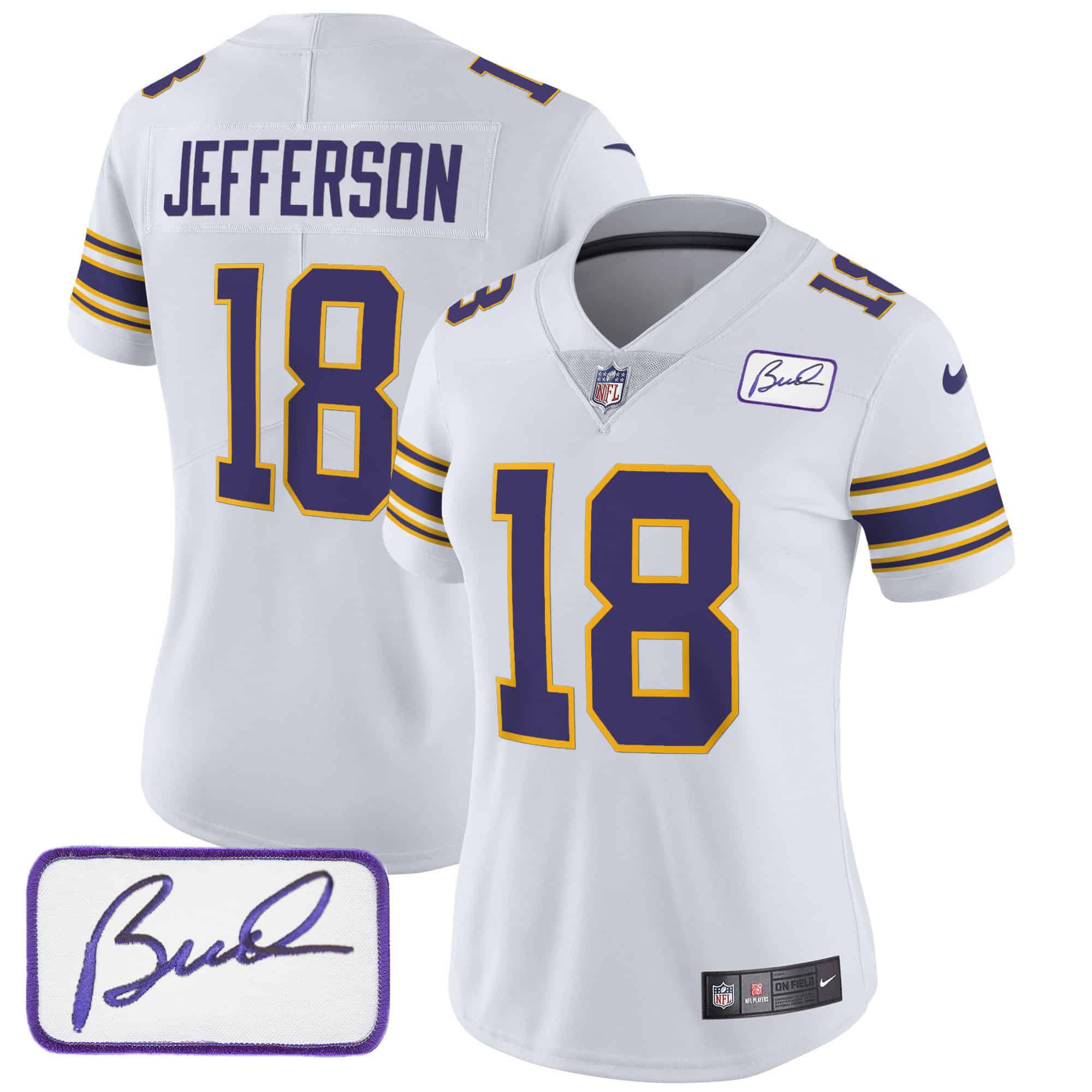 Women’s Vikings Bud Grant Patch Classic Limited Jersey – All Stitched – White – Justin Jefferson