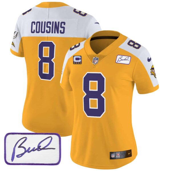 Women’s Vikings Bud Grant Patch Classic Limited Jersey V3 – All Stitched – Gold Alternate – Kirk Cousins