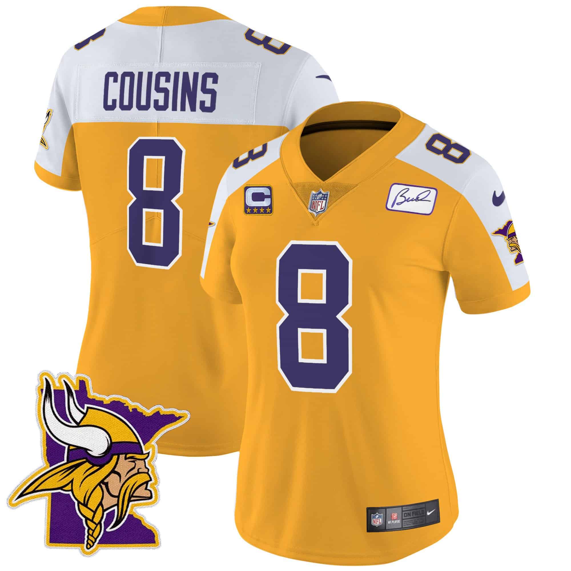Women’s Vikings Bud Grant Patch Classic Limited Jersey V5 – All Stitched – Gold Alternate – Kirk Cousins