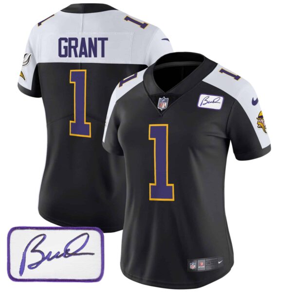 Women’s Vikings Bud Grant Patch Classic Limited Jersey V3 – All Stitched – Black Alternate – Bud Grant