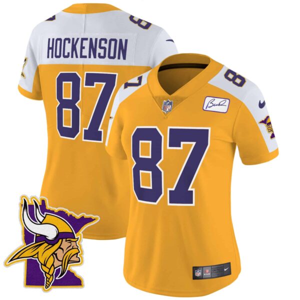 Women’s Vikings Bud Grant Patch Classic Limited Jersey V5 – All Stitched – Gold Alternate – T.J. Hockenson