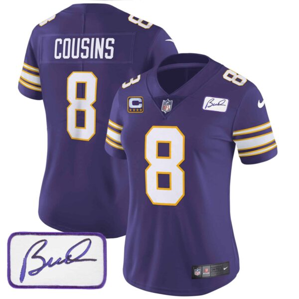 Women’s Vikings Bud Grant Patch Classic Limited Jersey – All Stitched – Purple – Kirk Cousins