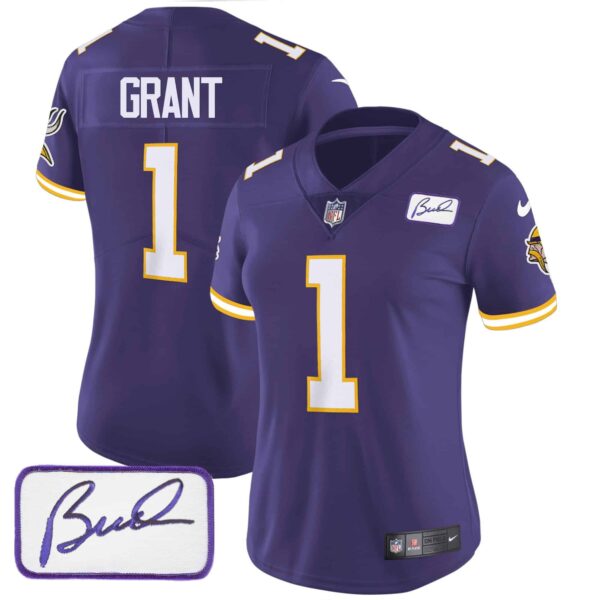Women’s Vikings Bud Grant Patch Classic Limited Jersey V3 – All Stitched – Purple – Bud Grant