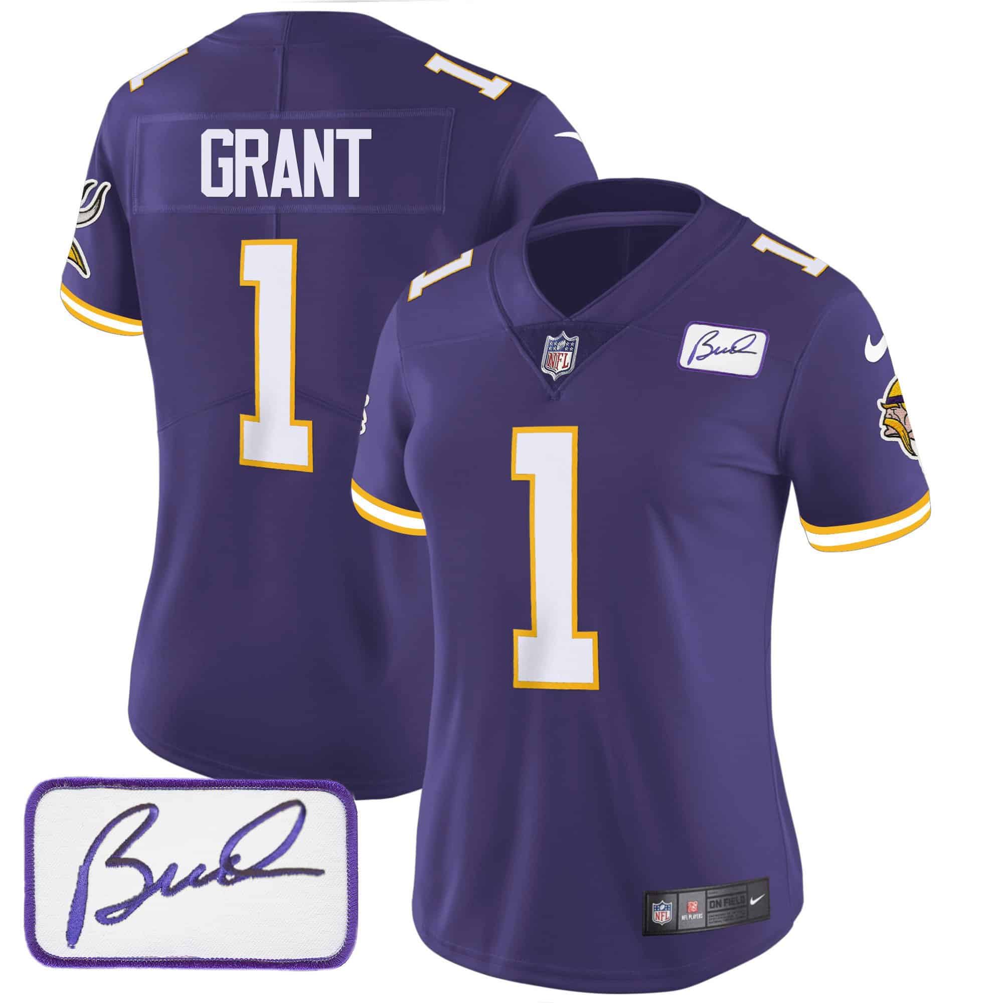 Women’s Vikings Bud Grant Patch Classic Limited Jersey V3 – All Stitched – Purple – Bud Grant